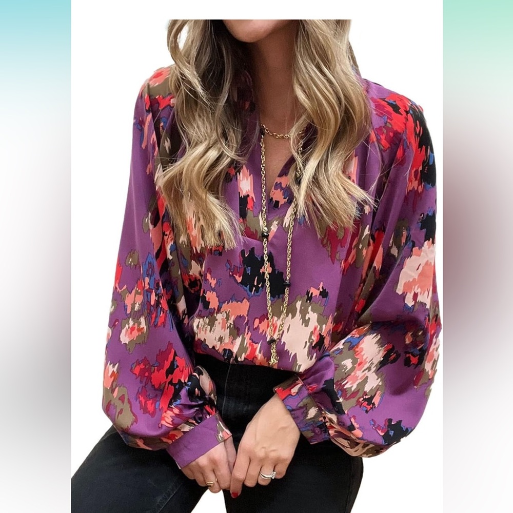 BTFBM Women's Casual Boho Abstract Print V Neck Loose Lantern Long Sleeve Blouse